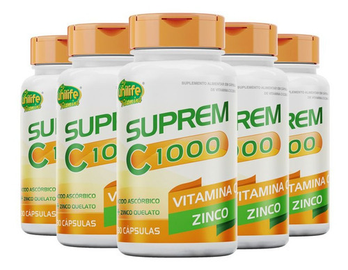 Kit 5 Suprem C 1000 Vitamina C + Zinco Unilife 30 Cápsulas Sabor Sem Sabor