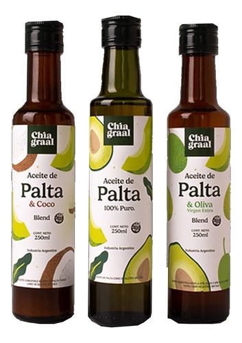 Combo Chia Graal  Aceite De Palta Puro - Coco - Oliva 3x250m