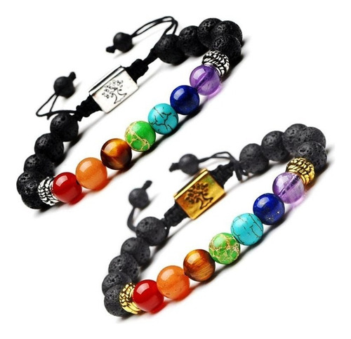 Brazalete Pulsera Piedra De Lava 7 Chakras Árbol Bodhi Tree Color Dorado Diámetro 17 cm