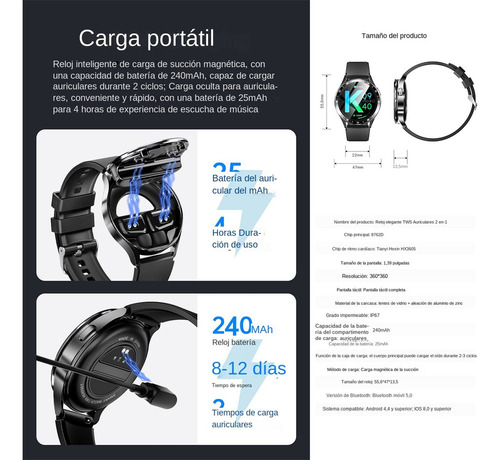 Auriculares Bluetooth 2 En 1 Para Reloj Inteligente Con Nfc