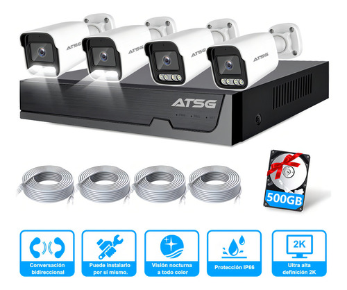 ATSG 3mp Kit De 4 Camaras Seguridad Cctv Poe Nvr 500gb Diálogo Bidireccional Visión Nocturna A Todo Color Alarma Móvil Protección Ip66