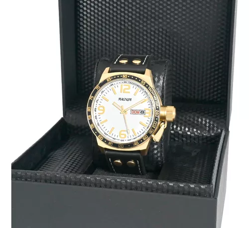 Relógio Masculino Dourado Pulseira De Couro Magnum Ma31542b