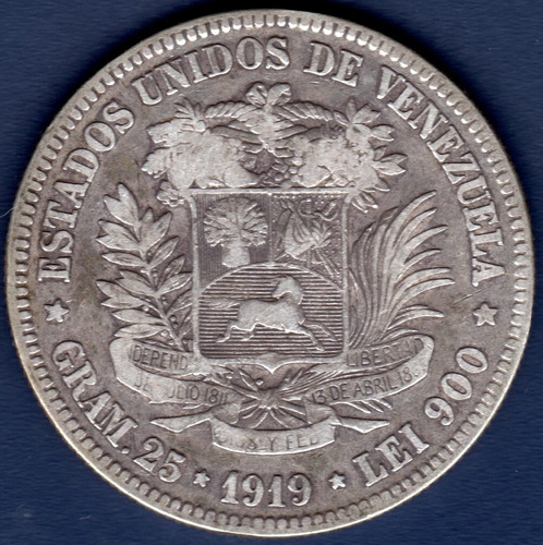 Moneda De 5 Bolívares De 1919 Fuerte De Plata