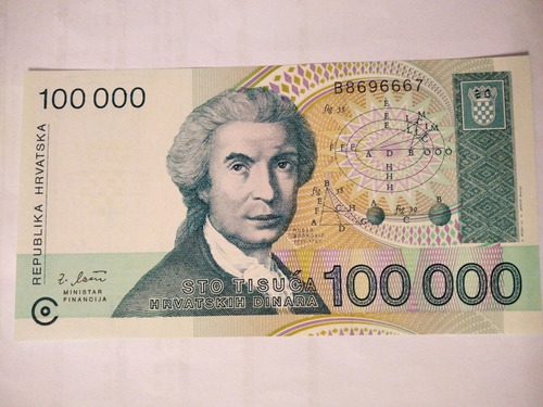 Billete Antiguo De Croacia Año 1993 (uc) Valor 100.000 Dinar