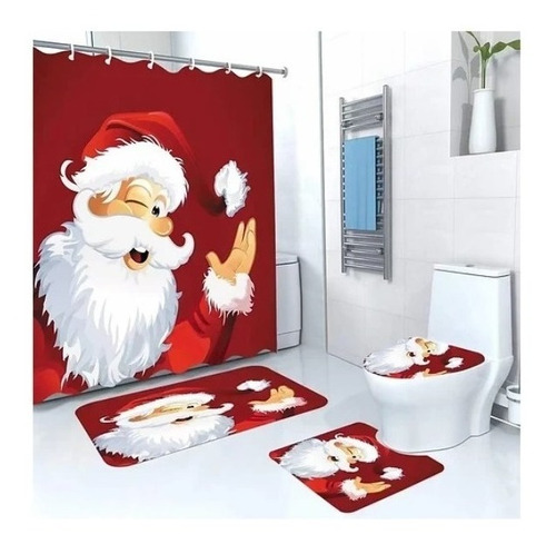 Set Cortinas Baño Navidad 4 Piezas Alfombra Ducha Accesorios