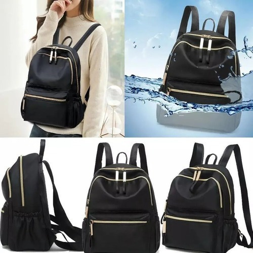 Mochila Mujer Impermeable Cartera Negro Con Dorado Premium