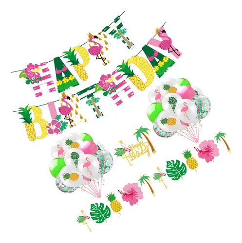 Happy Birthday Banner Balloons Hawaiian Decoration Top Hat