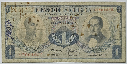 Billete 1 Peso 07/ago/1974 Colombia Fine