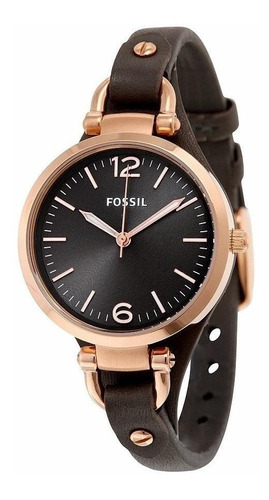 Reloj de pulsera Fossil Georgia Georgia de cuerpo color oro rosa, analógico, para mujer, fondo gris, con correa de cuero color gris, agujas color oro rosa y blanco, dial oro rosa, minutero/segundero blanco, bisel color oro rosa y hebilla simple