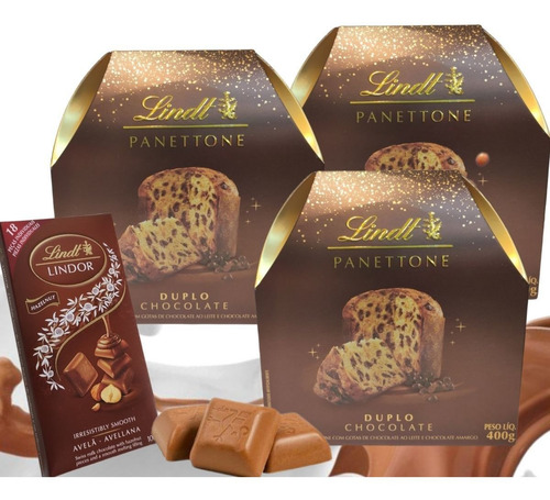 3x Panettone Importado Duplo Chocolate Lindt 400g + Brinde