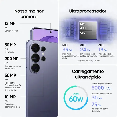 Celular Samsung Galaxy S26 Ultra 5G, 1TB, 16GB RAM, Câmera