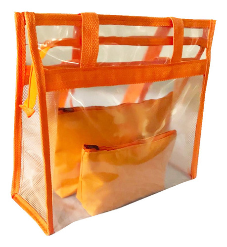 Bolsa Transparente Grande De Praia Com Necessaires De Brinde Acambamento Dos Ferragens Níquel Cor Laranja Cor Da Correia De Ombro Cor Da Bolsa Desenho Do Tecido Liso