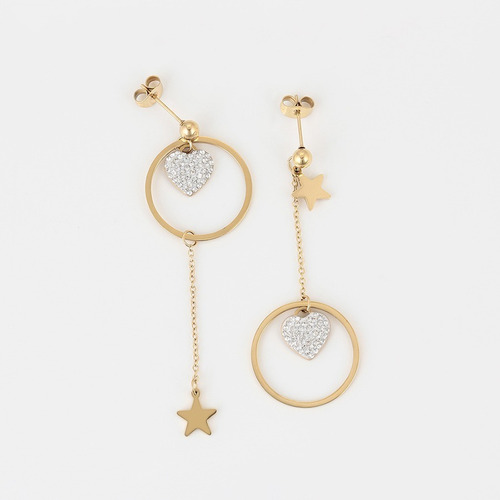 Imagen 4 de 8 de Aretes Estrella Corazon Swarovski Largos Dispar Oro 14k Lam