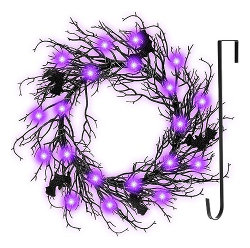 Black Bat Halloween Wreath With Hook Led Purple Lights ...