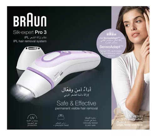  Braun Depilación IPL para mujeres y hombres, Silk Expert Pro 3  PL3111 con maquinilla de afeitar Venus suave, sistema de depilación de  larga duración para cuerpo y cara, con cable 