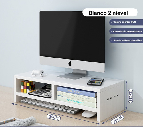 Base Elevador Monitor Soporte 2 Niveles Con Carga Usb Blanco