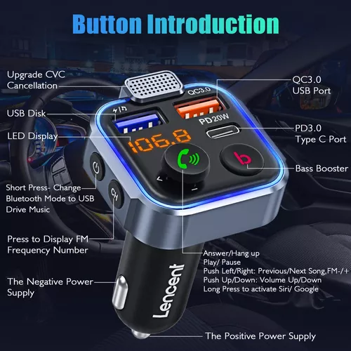 Kit de manos libres para coche con Bluetooth 5,0, transmisor FM, PD, 20W,  tipo C