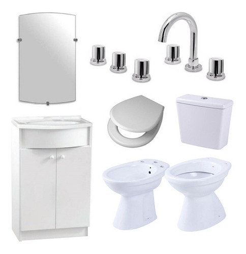 Imagen 1 de 10 de Juego Baño Completo Inodoro Bidet Mochila Vanitory Griferia