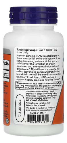 Now Foods N-acetilcisteína (nac) 1000 Mg, 60 Comprimidos Sin Sabor