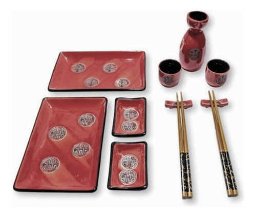 Set De Sushi Para 2 Personas 11 Piezas Porcelana Premium Color Rojo Kit Sushi