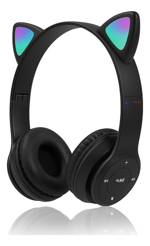 Fone De Ouvido Gatinho Bluetooth Infantil Led Menino Menina Eduimports Cor Preto