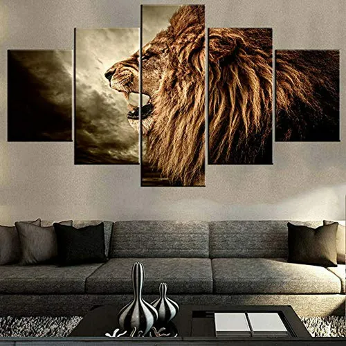 Arte Africano Para Sala: Cuadros De Leones En Lienzo Negro 5