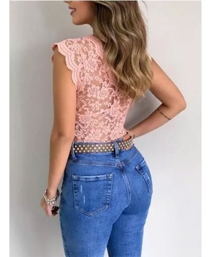 Blusa Top De Encaje Transparente Para Mujer Cuello V