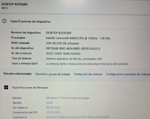 Lenovo V15-igl, Gris, Celeron N 4020, Ssd 256, 4gb Ram. (Usado)