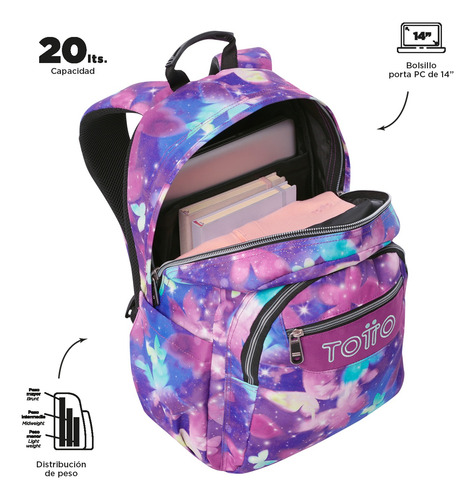 Totto Combo Mochila Y Lonchera - Set Kit Escolar Acuarela Mariposas Glitter