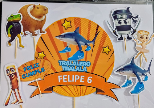 Bolsa Golosinera Tralalero Tralala X 15 + Topper De Torta Naranja Tralalero