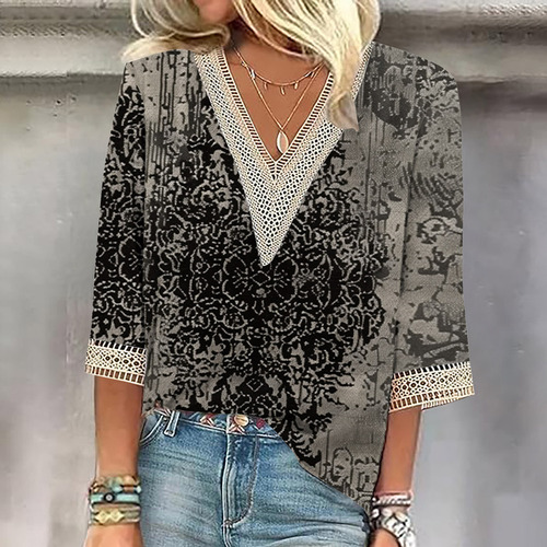Blusa Moderna Con Estampado De Encaje Con Cuello En V Y Cuel