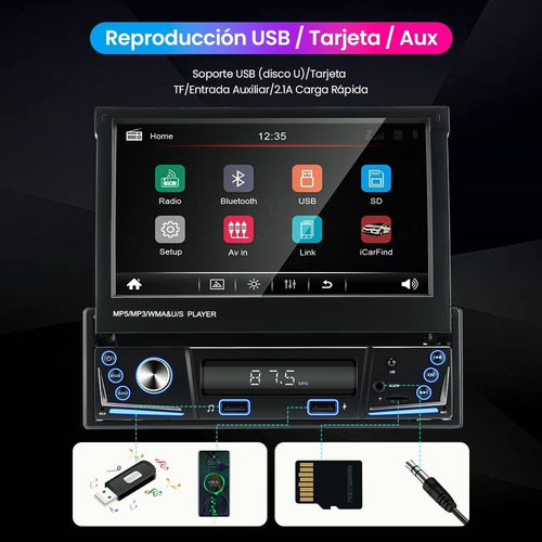 Autoestéreo 1 Din Bluetooth Retráctil 7 In Mirrorlink Cámara