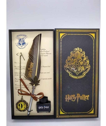 Pluma Marron Grisáceo Harry Potter Con Tinta Y Colgante