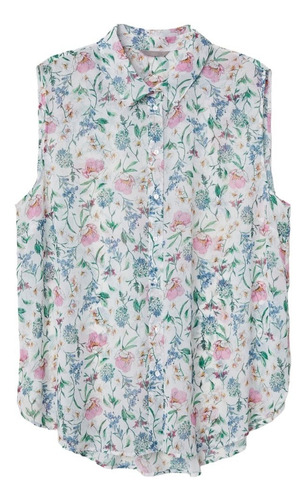 Blusa De Crepé Marca H & M Blanco/floral Poliéster 100%