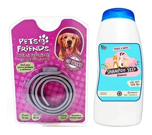 Kit Perros Collar Anti Pulgas + Shampoo Seco Coco Vainilla