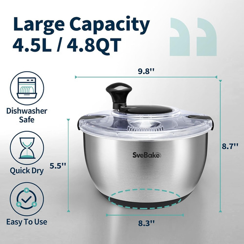Centrifugadora Ensalada Acero Inox 4l Manivela Segura Plateado