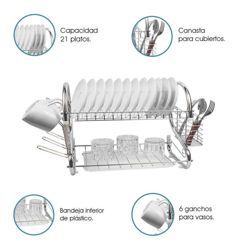 Imagen 4 de 5 de Escurridor De Platos Trastes 2 Niveles Grande Acero Inoxidab