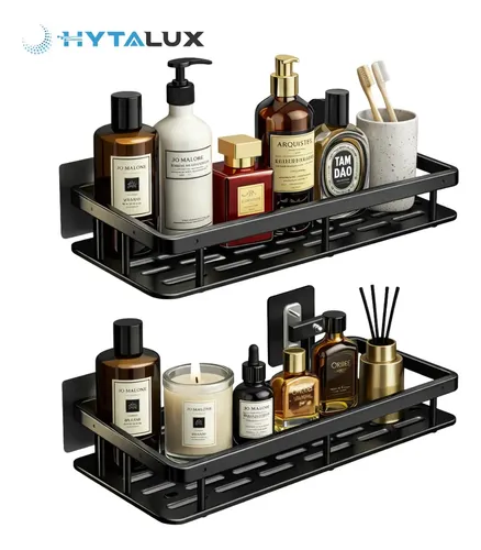 Kit 2 Suporte Porta Shampoo Sabonete Prateleira Banheiro Adesivo Parede Sem Furar Box Porta Sabonete Luxo Cor Preto Hytalux