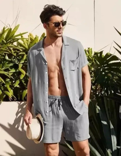 Traje Camisero De Hombre Con Mangas Cortas De Lino Y Pantalo