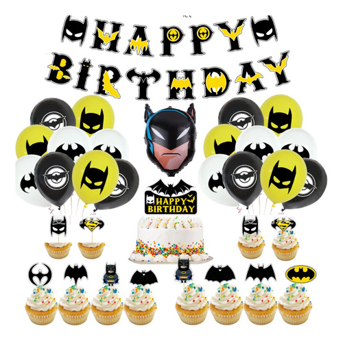 Set Decoración Globos Batman + Banderín Cumpleaños