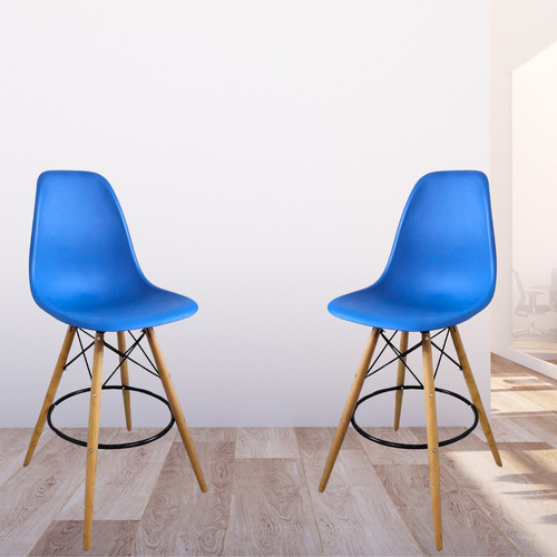Set 4 Sillas Eames Comedor Altas Banco Cocina Minimalista Estructura de la silla Madera Asiento Azul acero Diseño de la tela Liso