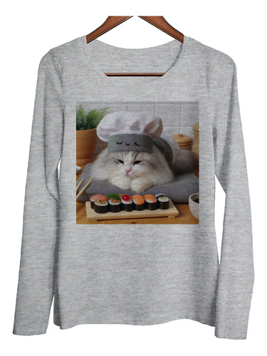 Remera Mujer Ml Gato Sushi Cocinero Cheff Sushiman