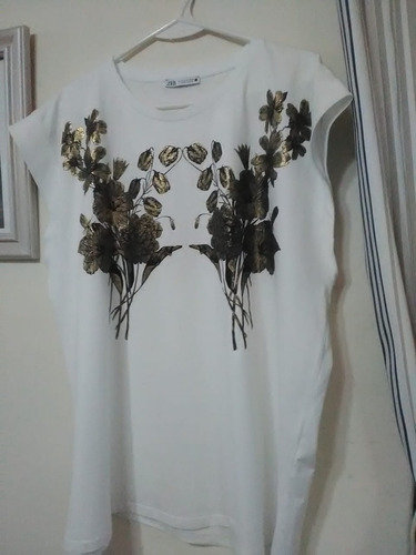 Remera Zara Mujer Algodón S/mangas Xl Estampe Dorado