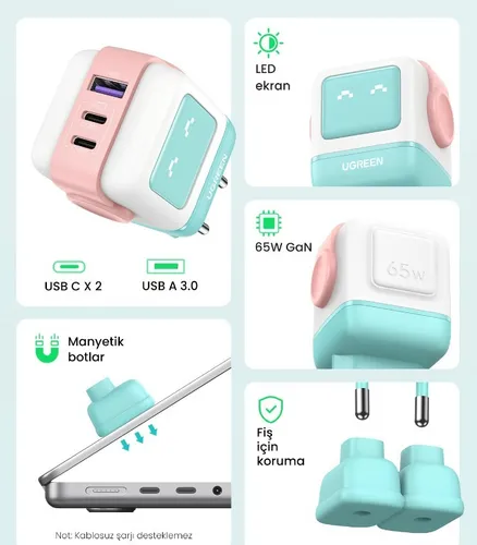 Cargador Ugreen Uno Nexode Rg 65w Carga Rapida Robot Rosa