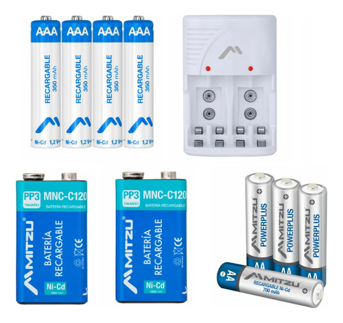 Kit Cargador Con 4 Aaa + 4 Aa + 2 Baterias 9v Nicd Mitzu