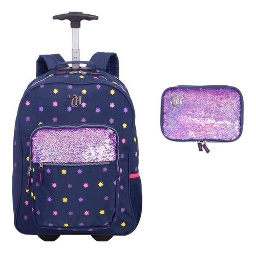 Kit Escolar Capricho Lantejoula Mochila De Rodas + Estojo