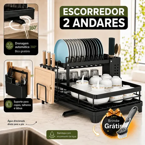 Escorredor De Louça Secador De Pratos Cozinha Aço Inox Preto 2 Andar Porta Talher Tigela E Copos Laruno