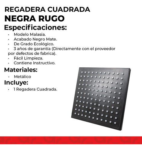Regadera Cuadrada Ducha Lluvia Abs 19cm Antisarro Negro Mate