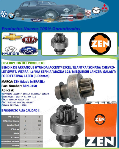 Bendix Arranque Swift Vitara 1.6 Kia Sephia Mazda 323 8-dtes