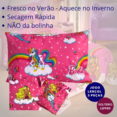 Jogo Lençol Barbie Solteiro Infantil 3 Peças Rosa Elastico